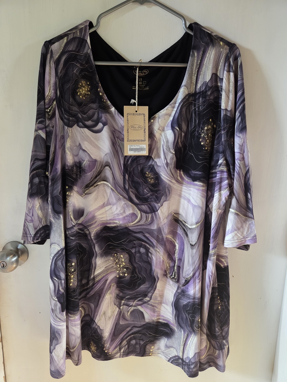 NEW Blue Sky Purple Black Gold Floral V-Neck Tunic